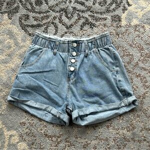 Denim Elastic High Waist Cuffed Shorts Blue Small
